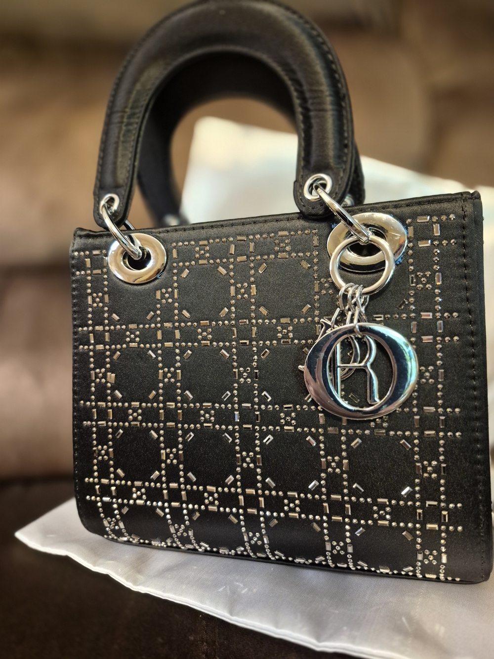 Black Studded Satin Crossbody Bag with Silver Charm Detail